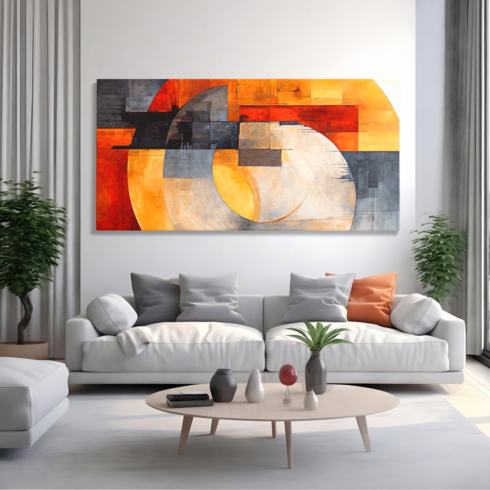 Tablou canvas cu tablou canvas cu compozitie geometrica abstracta, fara rama, pe sasiu de lemn, pe perete intr-un living